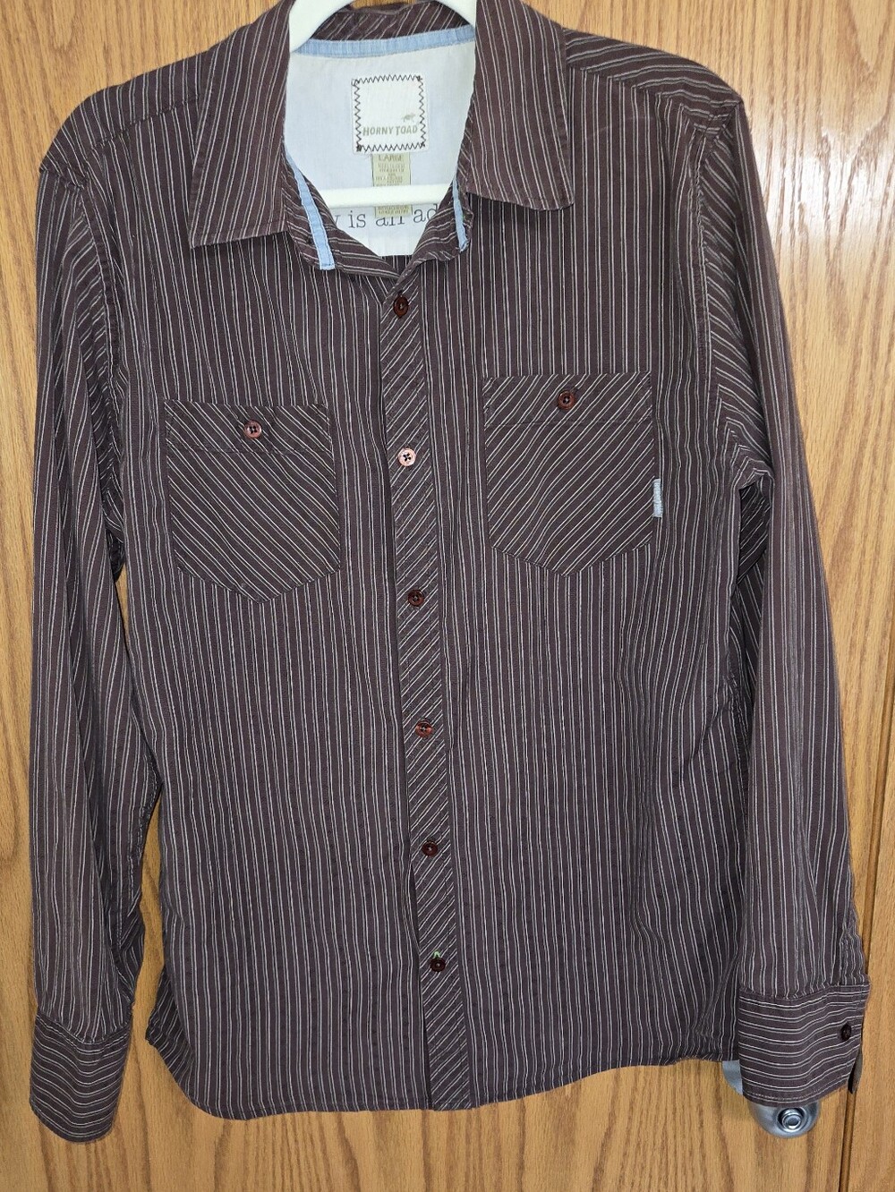Horny Toad Size Large Men's Brown and White Pinstripe Button-Down Shirt